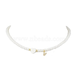 Brass Micro Pave Grade AAA Cubic Zirconia Letter Pendant Necklaces, Heart & Round Baking Painted Pearlized Glass Pearl Beaded Necklaces for Women, Letter V, 15.20 inch(38.6cm)(NJEW-JN04771-22)