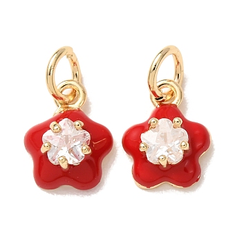 Brass Micro Pave Clear Cubic Zirconia with Enamel Charms, Flower Charms, Rack Plating, Long-Lasting Plated, Cadmium Free & Lead Free, Real 18K Gold Plated, Red, 10.5x8x4.5mm, Hole: 3mm