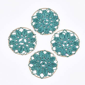 Polycotton(Polyester Cotton) Woven Pendant Decorations, with Brass Findings, Flat Round with Flower, Light Gold, Light Sea Green, 35x1mm