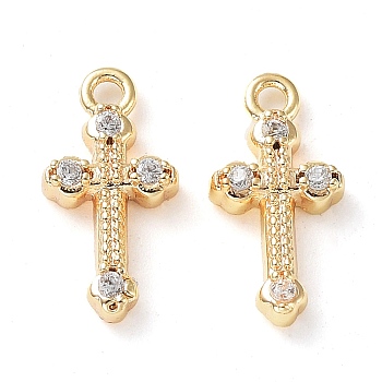 Rack Plating Brass Micro Pave Cubic Zirconia Pendants, Corss Charm, Real 18K Gold Plated, 13x6x2.5mm, Hole: 1.2mm