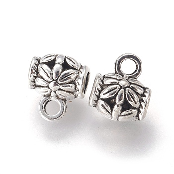 Tibetan Style Alloy Hangers, Bail Beads, Barrel with Flower, Antique Silver, Lead Free and Cadmium Free, 7.5mm, Hole: 4mm, 1.5mm inner diameter