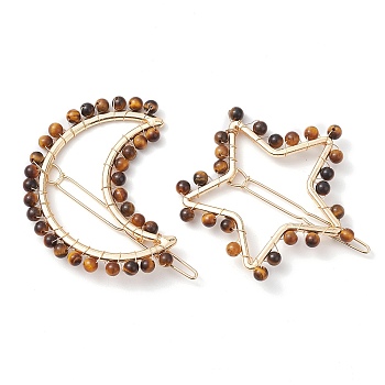 2Pcs Moon & Star Alloy with Natural Tiger Eye Hollow Hair Barrettes, Ponytail Holder Statement for Girls Women, Moon: 61x66x4~5mm, Star: 52.5~54x60x4~4.5mm