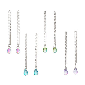Long Chain with Transparent Glass Beads Dangle Stud Earrings, 304 Stainless Steel Ear Thread for Women, Teardrop, Mixed Color, 92x1mm, Pin: 0.8mm