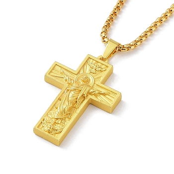 Alloy Pendant Necklace with Box Chains, Cross with Jesus Pattern, Golden, 23.74 inch(60.3cm)