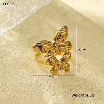 Butterfly 304 Stainless Steel Open Cuff Rings for Women, Golden, 28x24mm