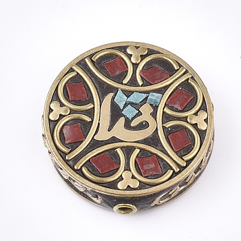 Handmade Indonesia Beads, with Brass Findings, Flat Round, Golden, Red, 30x28~29x7.5~8mm, Hole: 2mm