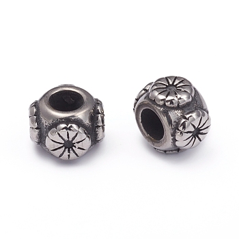 304 Stainless Steel European Beads, Large Hole Beads, Rondelle with Flower, Antique Silver, 8.5x11~11.5mm, Hole: 5.5mm