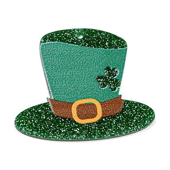 Opaque Printed Acrylic Pendants, with Glitter Powder, Saint Patrick's Day, Hat, 32x39.5x2mm, Hole: 1.6mm