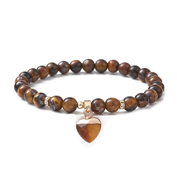 Natural Tiger Eye Round Beaded Stretch Bracelets, with Heart Charms, Inner Diameter: 2-1/8~2-1/4 inch(5.4~5.6cm)
