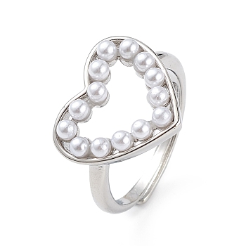 Plastic Pearl Hollow Out Heart Adjustable Ring, Brass Jewelry for Women, Lead Free & Cadmium Free, Platinum, Inner Diameter: 17mm