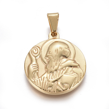 304 Stainless Steel Pendants, Flat Round with Saint Benedict Medal, Golden, 29x25x3mm, Hole: 9x4mm
