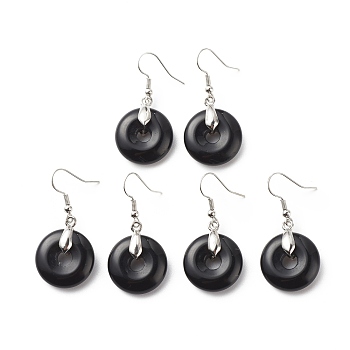Natural Obsidian Donut Dangle Earrings, Platinum Plated Brass Jewelry for Women, Cadmium Free & Lead Free, 41mm, Pin: 0.6mm