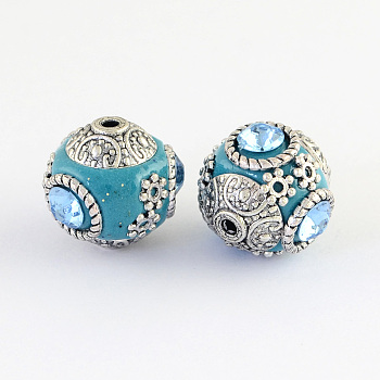 Handmade Indonesia Round Beads, with Glass Cabochons and Antique Silver Metal Color Double Alloy Cores, Dark Turquoise, 14~15x15~16mm, Hole: 2mm