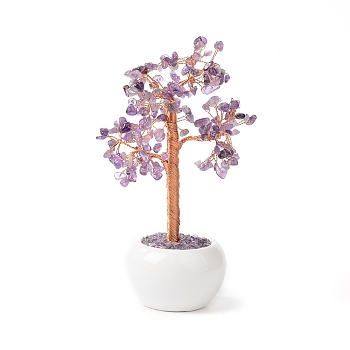 Natural Amethyst Chips with Brass Wrapped Wire Money Tree on Ceramic Vase Display Decorations, for Home Office Decor Good Luck, 120x50.5x190mm