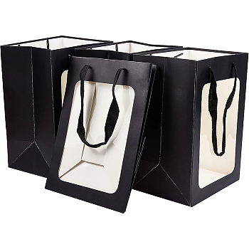 BENECREAT Kraft Paper Bags with Handle, with Cord Handles and Rectangle Window, for Retail Shopping Bag, Merchandise Bag, Gift and Party Bag, Rectangle, Black, 25x18x0.4cm, Unfold: 25x18x13cm, Window: 18.3x13.3cm