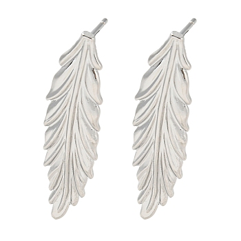 Brass Stud Earrings, Feather, Platinum, 33x8mm