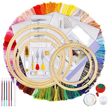 DIY Cross Stitch Kits, including Bamboo Embroidery Hoops, 6-Ply Embroidery Thread, Needle, Embroidery Fabric, Scissor, Pen, Tape Measure, Pin Cushion, Threader, Colorful