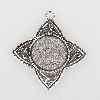 Tibetan Style Alloy Pendant Cabochon Settings, Cadmium Free & Lead Free, Flower, Antique Silver, Flat Round Tray: 20mm, 45x40x2mm, Hole: 3mm