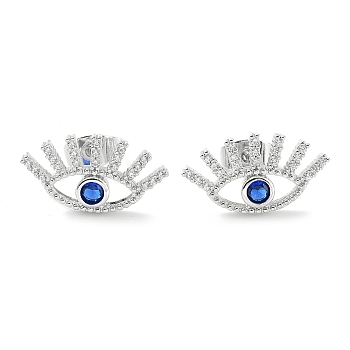 Brass Micro Pave Cubic Zirconia Stud Earrings, Evil Eye Jewelry for Women, Platinum, 10x18.5mm