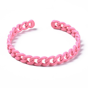 Spray Painted Brass Cuff Bangles, Curb Chain, Hot Pink, Inner Diameter: 1-7/8 inch(4.9cm), 7.5mm