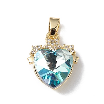 Real 18K Gold Plated Rack Plating Brass Micro Pave Clear Cubic Zirconia Pendants, with Glass, Long-Lasting Plated, Cadmium Free & Lead Free, Heart with Star Charm, Turquoise, 19.5x15.5x8mm, Hole: 6x3mm