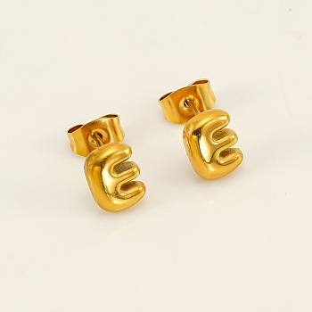 Chunk Letter 304 Stainless Steel Stud Earrings for Women, Real 18K Gold Plated, Letter E, 7.5~8.5x5~10.5mm