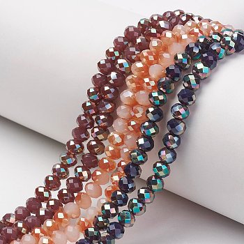 Electroplate Glass Beads Strands, Imitation Jade Beads, Half Plated, Rainbow Plated, Faceted, Rondelle, Mixed Color, 6x5mm, Hole: 1mm, about 85~88pcs/strand, 16.1~16.5 inch(41~42cm)