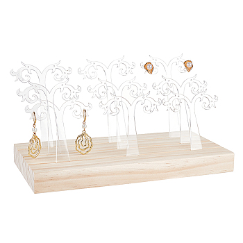 Transparent Acrylic Jewelry Earring Tree Display Stands, 9 Tree Earring Organizer Holder with Wooden Base, BurlyWood, Finished Product: 25x12.5x9cm