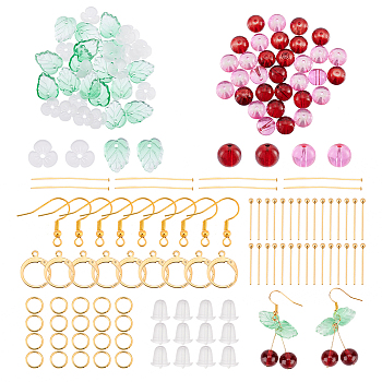 DIY Glass Cherry Earring Making Kits, with Acrylic Bead Caps, 304 Stainless Steel and Iron Findings