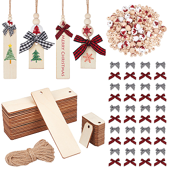DIY Christmas Theme Pendant Decoration Making Kit, Including Natural Wood Round Beads & Rectangle Pendants, Tartan Pattern Polyester Ribbon Bowknot, Mixed Color, 281Pcs/box