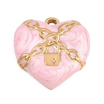 Valentine's Day 304 Stainless Steel Enamel Pendants, Heart with Chain & Lock Charms, Golden, Pink, 20x20x3mm, Hole: 1.6mm(STAS-E524-06A-G)