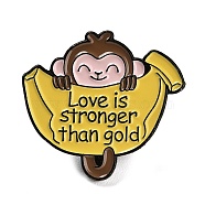 Animal Enamel Pins, Electrophoresis Black Alloy Brooch, Banana with Word Love Is Stronger Than Gold, Monkey, 24x26.5x1.7mm(JEWB-Z004-03A-EB)
