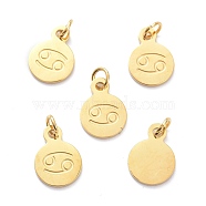 Golden Plated 304 Stainless Steel Charms, Flat Round with Constellations Pattern, Cancer, 13.5x10x1mm, Jump Ring: 5x1mm, Hole: 3mm(STAS-C022-01D-G)