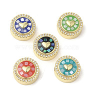 Brass Micro Pave Cubic Zirconia Beads, with Enamel & Shell, Long-Lasting Plated, Lead Free & Cadmium Free, Real 18K Gold Plated, Flat Round with Heart, Mixed Color, 12x5.5mm, Hole: 2mm(KK-K385-003G)