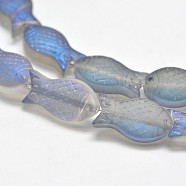 Frosted Electroplate Glass Fish Beads Strands, Rainbow Plated, Light Sea Green, 15x8x5mm, Hole: 1mm, about 30pcs/strand, 16 inch(EGLA-M001-D04)