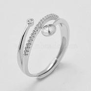 Adjustable 925 Sterling Silver Ring Components, For Half Drilled Beads, with Cubic Zirconia, Size 8, Platinum, 18mm, pin: 0.5mm(STER-K038-023P)