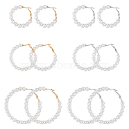 6 Pairs 6 Style Plastic Imitation Pearl Beaded Hoop Earrings with Iron Pins for Women, Platinum & Golden, 35.5~56x34~54x6mm, 1 Pair/style(EJEW-FI0002-10)