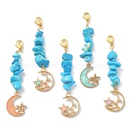 Synthetic Turquoise Chip Beaded Pendant Decorations, with Alloy Enamel Moon with Star Charm and 304 Stainless Steel Lobster Claw Clasps, Mixed Color, 63.5mm, 5 style, 1pc/style, 5pcs/set(HJEW-JM01194-01)