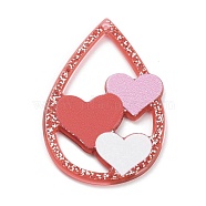 Valentine's Day Opaque Acrylic Pendants, with Glitter Powders, Teardrop Heart, Indian Red, 46.5x30x2mm, Hole: 1.8mm(SACR-P027-B01)
