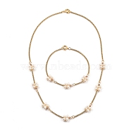 Beaded Bracelets & Necklaces Jewelry Sets, with Natural Cultured Freshwater Pearl Beads, 304 Stainless Steel Rolo Chains and Brass Spring Ring Clasps, Golden, 17.51 inch(44.5cm), 7-5/8 inch(19.5cm)(SJEW-JS01112)