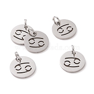 304 Stainless Steel Charms, Flat Round with Constellation/Zodiac Sign, Cancer, 12x1mm, Hole: 3mm(STAS-Q201-T445-4S)