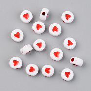Opaque Acrylic Beads, Flat Round with Heart, Red, 7x4mm, Hole: 1.8mm, 3800pcs/500g(ACRP-T004-02A)
