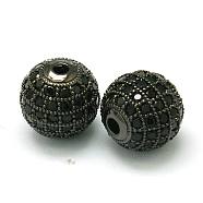 Brass Cubic Zirconia Beads, Round, Gunmetal, 10mm, Hole: 2mm(ZIRC-D022-02B-10mm)