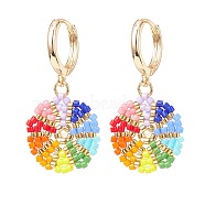 Rainbow Color Japanese Seed Braided Flower Dangle Hoop Earrings, Brass Jewelry for Women, Colorful, 37mm, Pin: 1mm(EJEW-MZ00003)