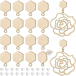 8 Pairs Brass Stud Earring Findings, with Horizontal Loops and 40 Plastic Ear Nuts, Hexagon, Real 14K Gold Plated, 11.5x8x1.5mm, Hole: 1.2mm, Pin: 1mm(KK-BC0008-56)