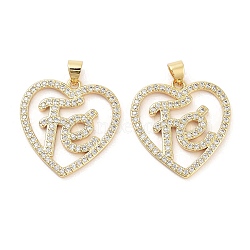 Rack Plating Brass Micro Pave Clear Cubic Zirconia Pendants, Long-Lasting Plated, Lead Free & Cadmium Free, Heart, Real 18K Gold Plated, 25x24x2mm, Hole: 5x3.5mm(KK-Z064-20G)