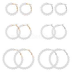 6 Pairs 6 Style Plastic Imitation Pearl Beaded Hoop Earrings with Iron Pins for Women, Platinum & Golden, 35.5~56x34~54x6mm, 1 Pair/style(EJEW-FI0002-10)