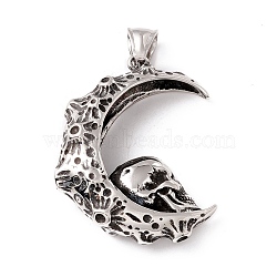 304 Stainless Steel Pendants, Moon & Skull, Antique Silver, 43.5x38.5x11mm, Hole: 8x4.5mm(STAS-P305-46AS)