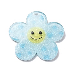 Acrylic Pendants, with Giltter Power, Flower with Smiling Face, Light Blue, 38x39x2mm, Hole: 2.2mm(OACR-Q055-01A)