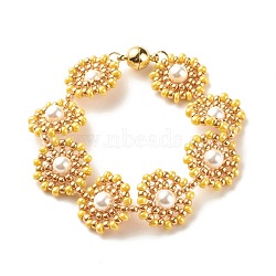 Shell Pearl Flower Link Bracelet, Glass Seed Braided Bracelet with Brass Magnetic Clasp for Women, Golden, Yellow, 7-1/2 inch(19cm)(BJEW-JB08084-01)